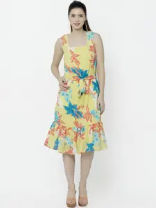 SQew Women Yellow & Blue Floral Print Fit and Flare Dress