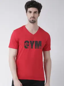 Friskers Men Red Printed V-Neck T-shirt