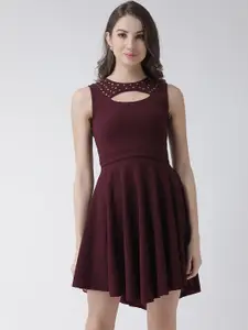 KASSUALLY Women Burgundy Solid Fit and Flare Dress