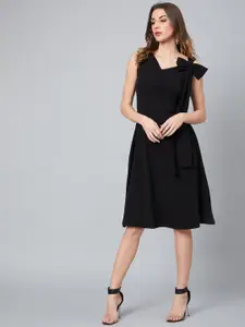 Athena Black Front Pleated Fit and Flare Dress