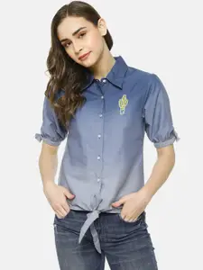 Campus Sutra Women Blue Regular Fit Faded Casual Shirt