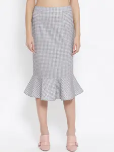 OFFICE & YOU Women Grey Checked Trumpet Midi Skirt