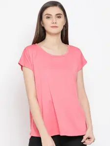 Crimsoune Club Women Pink Solid Round Neck Slim Fit T-shirt