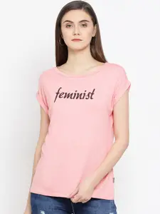 Crimsoune Club Women Pink & Black Printed Slim Fit Round Neck T-shirt