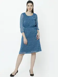 SQew Women Blue Printed Fit and Flare Dress