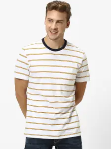 Celio Men White  Yellow Striped Round Neck Pure Cotton T-shirt