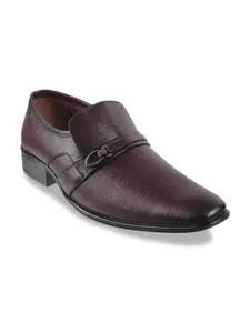 Metro Men Maroon Textured Leather Formal Slip-Ons