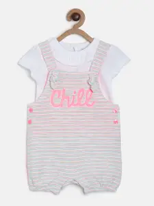 MINI KLUB Girls Coral pink & White Solid Top with Printed Dungarees