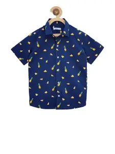 Campana Boys Navy Blue & Yellow Regular Fit Printed Casual Shirt