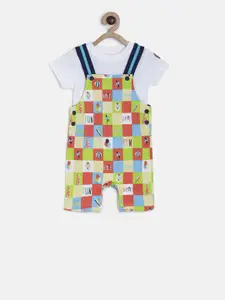 MINI KLUB Boys White & Green Solid T-shirt with Checked Dungarees