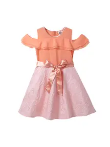 Cub McPaws Girls Peach-Coloured & Pink Self Design Fit and Flare Dress