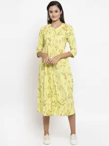 Indibelle Women Yellow Printed Fit and Flare Dress