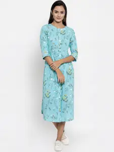 Indibelle Women Blue Printed Fit and Flare Dress