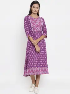 Indibelle Women Purple Printed Fit and Flare Dress