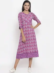 Indibelle Women Purple & White Printed A-Line Dress