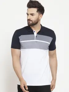 WILD WEST Men White & Navy Blue Colourblocked Polo Collar T-shirt