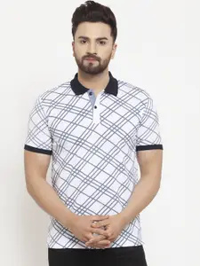 WILD WEST Men White & Blue Checked Polo Collar T-shirt