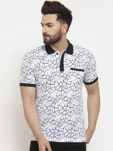 WILD WEST Men White & Black Printed Polo Collar T-shirt