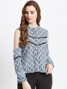 AkaAyu Women Blue & White Printed Shirt Style Top