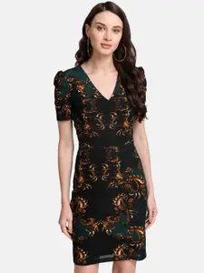 Kazo Women Green & Yellow Printed Stretchable Sheath Dress with Puff Sleeves