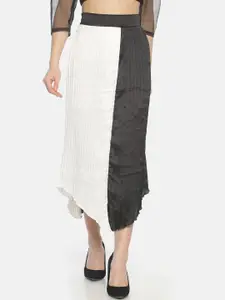ISU Women Black & White Colourblocked Pleated A-Line Midi Skirt