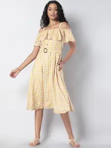 FabAlley Women Yellow & Off-White Checked Fit and Flare Dress