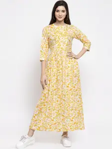 Indibelle Women Yellow & White Printed Fit and Flare Dress