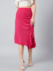 Athena Women Fuchsia Solid Front Frill Detail Midi Skirt