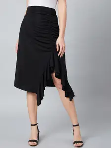 Athena Black A-Line Midi Skirt With Front Frill Detail