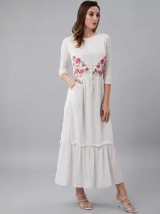 Athena Women White & Pink Embroidered Fit and Flare Dress
