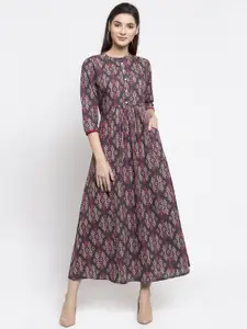 Indibelle Women Charcoal Grey & Beige Printed Fit and Flare Dress