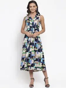 Gipsy Women Navy Blue Printed Fit and Flare Dress