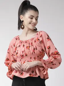 plusS Women Peach-Coloured Floral Print Cinched Waist Top with Smocked Detail