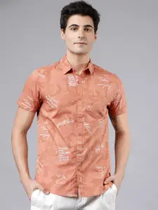 HIGHLANDER Men Peach-Coloured Slim Fit Printed Casual Shirt