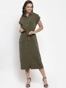 Gipsy Women Olive Green Solid Shirt Dress