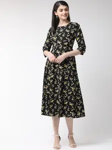 plusS Women Black & Yellow Floral Print Fit and Flare Dress