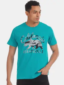 Aeropostale Men Teal Blue Printed Round Neck Pure Cotton T-shirt