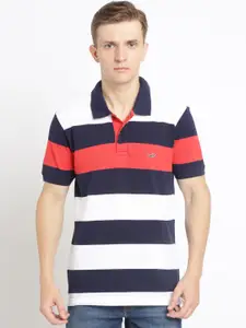 Crocodile Men Navy Blue & White Striped Polo Collar T-shirt