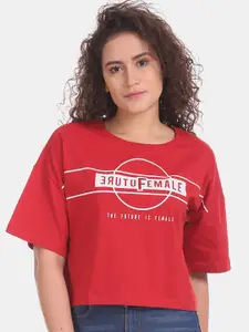 Flying Machine Women Red Printed Round Neck Pure Cotton T-shirt