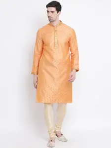Sanwara Men Orange & Gold-Coloured Woven Design Straight Jacquard Kurta