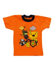 TINY HUG Boys Orange & Navy Blue Set Of 2 Printed T-shirt with Shorts