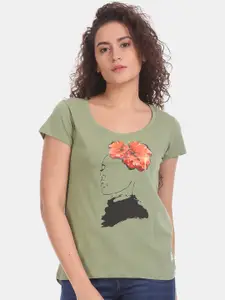 Flying Machine Women Olive Green Printed Round Neck Pure Cotton T-shirt