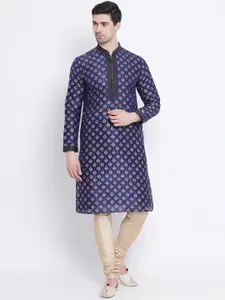 Sanwara Men Navy Blue & Gold-Coloured Woven Design Straight Jacquard Kurta