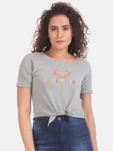 Flying Machine Women Grey Printed Round Neck Crop Pure Cotton T-shirt