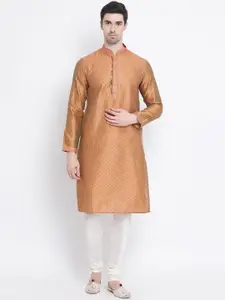 Sanwara Men Rust Orange Woven Design Jacquard Straight Kurta
