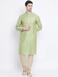 Sanwara Men Green & Golden Woven Design Straight Kurta
