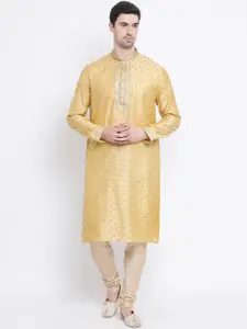 Sanwara Men Yellow Woven Design Jacquard Straight Kurta