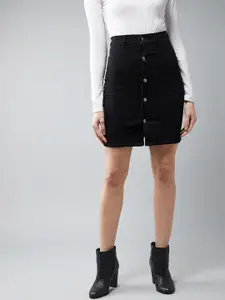 DOLCE CRUDO Black Over The Knee Denim Stretchable Pencil Mini Skirt