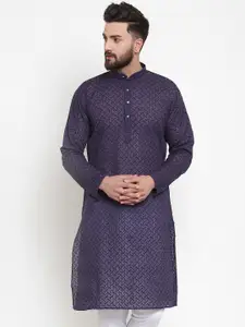 Jompers Men Navy Blue Embroidered Straight Kurta