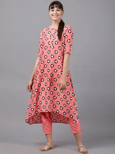 Vishudh Women Coral Pink Printed Asymmetric A-Line Kurta